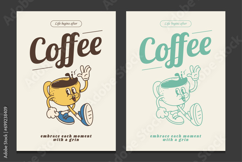 retro 30s posters or t-shirt graphic print with a coffee cup cartoon character, vector illustration