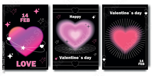 Set of Valentine's Day cards in y2k style. Modern abstract art design with hearts and modern typography. Templates for celebration, ads, branding, banner, cover, label, poster, sales