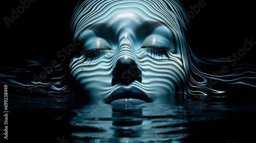 Frauengesicht mit geschlossenen Augen von Wasser umgeben. Surreale Szene in kühlen Farben mit schwarzem Hintergrund. Konzept: Über Träume Zugang zum Unbewussten haben. Fotorealistische Illustration