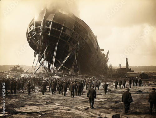 Historic Hindenburg disaster, fiery explosion, tragic airship accident, 1937, catastrophic aviation event, Lakehurst, New Jersey.