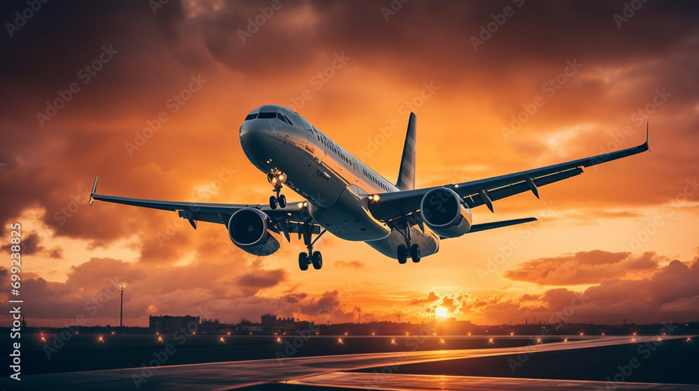 passenger plane flying in the air sunset ai visual concept
