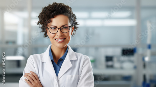 Portrait of a woman smiling in a medical lab coat, representing a healthcare professional photo