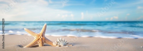 tropical seashells and starfish on the beach of the caribbean