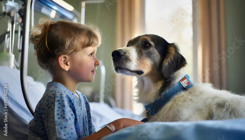 Patient rehabilitation dog spends time with sick children in hospital. Children hug him. Hospital concept