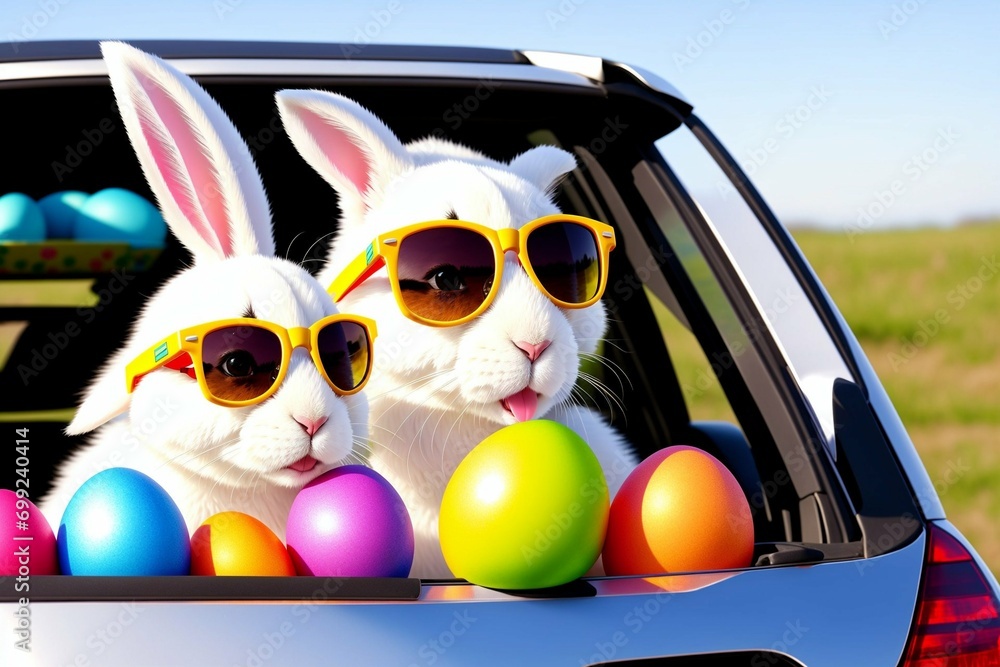 Cute white rabbit with sunglasses and easter eggs sitting in car