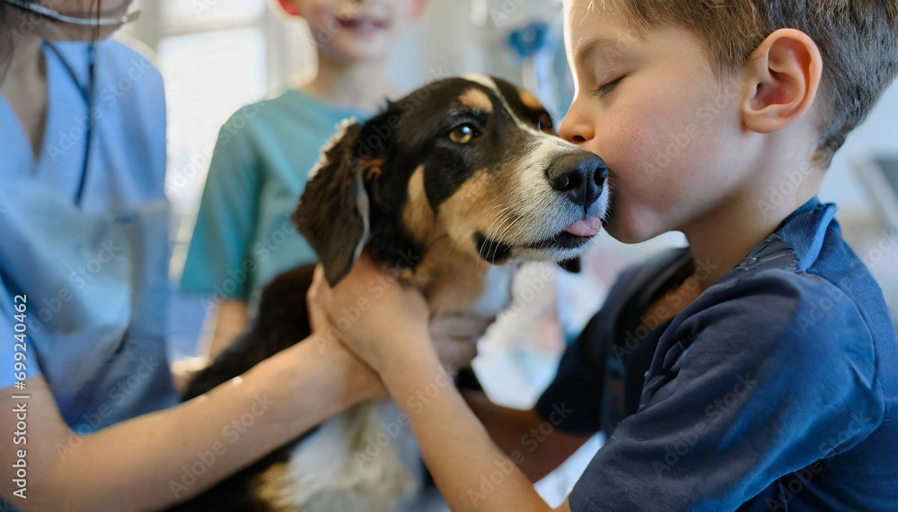Patient rehabilitation dog spends time with sick children in hospital. Children hug him. Hospital concept Patient rehabilitation dog spends time with sick children in hospital. Children hug him. Hospital concept