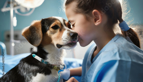 Patient rehabilitation dog spends time with sick children in hospital. Children hug him. Hospital concept