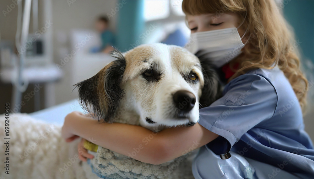 Patient rehabilitation dog spends time with sick children in hospital. Children hug him. Hospital concept Patient rehabilitation dog spends time with sick children in hospital. Children hug him. Hospital concept