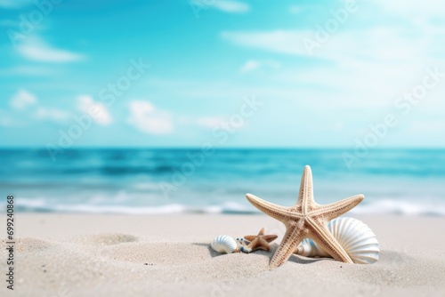 tropical seashells and starfish on the beach of the caribbean