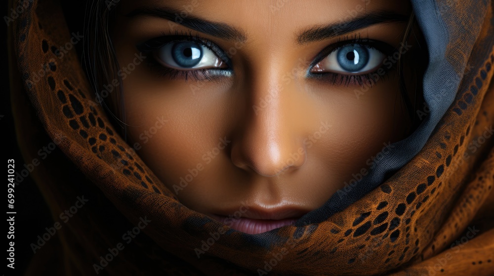 Piercing look into the eyes of an Arab woman with a headscarf Piercing look into the eyes of an Arab woman with a headscarf