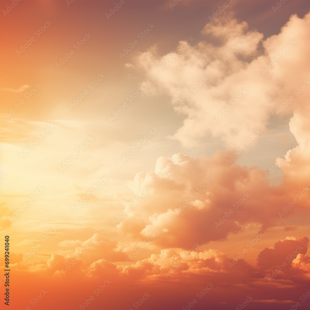 Fototapeta premium Natural background blurring warm colors and bright sun light. Sky sunny color orange light patterns plain abstract flare evening clouds - Gen AI