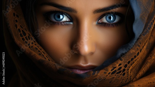 Piercing look into the eyes of an Arab woman with a headscarf