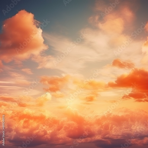 Natural background blurring warm colors and bright sun light. Sky sunny color orange light patterns plain abstract flare evening clouds - Gen AI © Marietimo