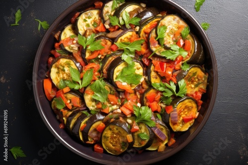Ratatouille bowl made of eggplant, zucchini, pepper, onion and tomato