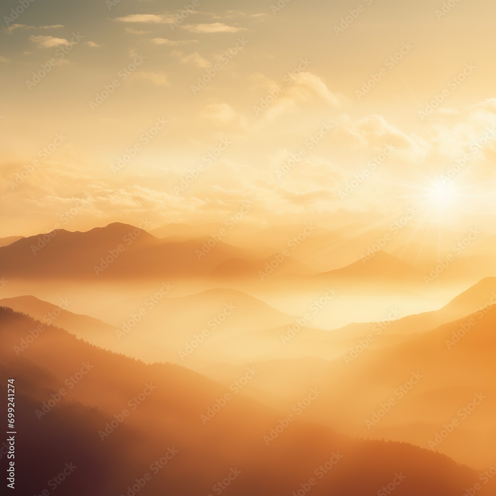 Fototapeta premium Natural background blurring warm colors and bright sun light. Sky sunny color orange light patterns plain abstract flare evening clouds - Gen AI