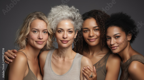 Group portrait of women of different ages and ethnic backgrounds, smiling and embracing each other, symbolizing diversity and unity.