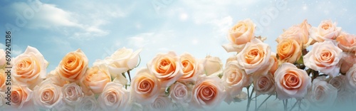 white and orange roses against the sk