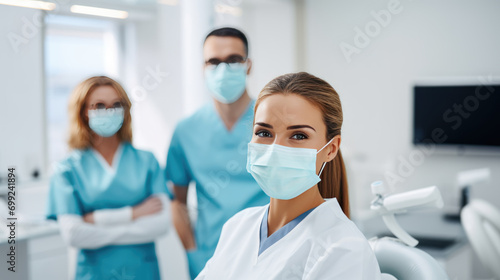 Team of healthcare professionals in surgical masks and scrubs