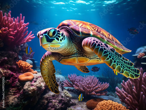 A turtle swims over colorful corals in the ocean © tanjidvect
