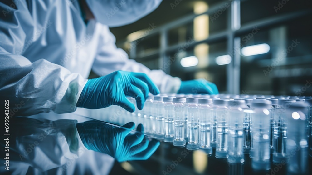 Clad in protective gear, scientists operate in a pristine clean room environment in a modern biotech company. Clad in protective gear, scientists operate in a pristine clean room environment in a modern biotech company.