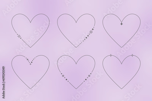 Heart shape Y2K frames, arches. Linear aesthetic minimalist starlight heart shapes set on vector gradient background
