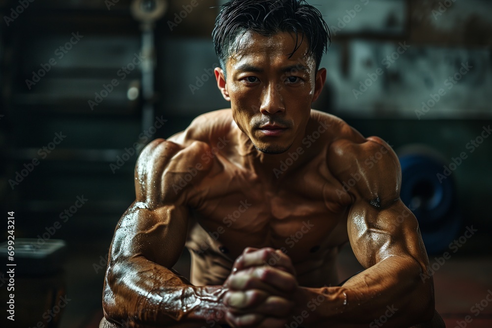 Fototapeta premium Bodybuilder, Chinese. Ripped. Chinese Bodybuilder Dominating the Gym. Might Strength