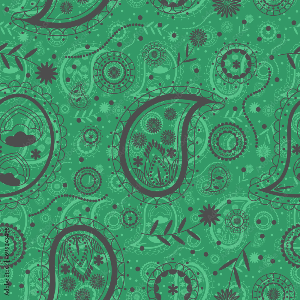 Green bandana kerchief paisley fabric patchwork abstract vector seamless pattern.