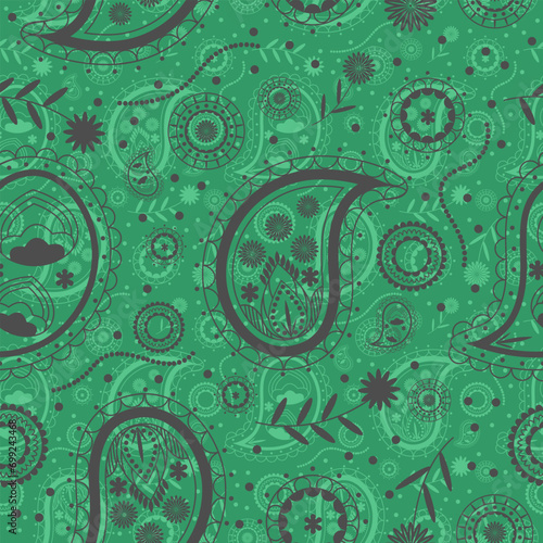 Green bandana kerchief paisley fabric patchwork abstract vector seamless pattern.