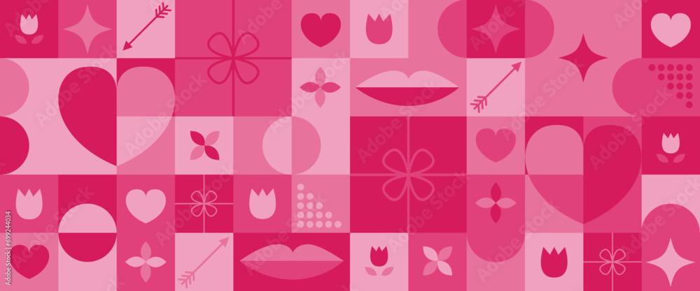 Geometric Valentine's day seamless pattern with simple shapes. Romantic vector background. Love and hearts. Modern abstract concept for print, banner, fabric, card, wrapping paper, cover