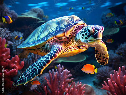 A turtle swims over colorful corals in the ocean