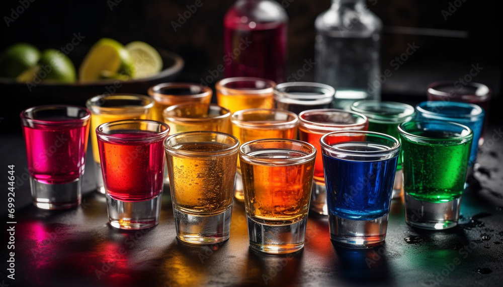 Alcohol, drink, bar, cocktail, whiskey, freshness, close up, shot glass, party, celebration generated by AI Alcohol, drink, bar, cocktail, whiskey, freshness, close up, shot glass, party, celebration generated by AI