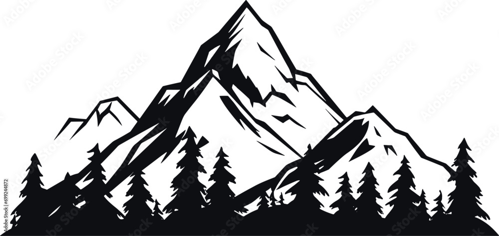 Mountain silhouette - vector icon. Rocky peaks. Mountains ranges. Black and white mountain icon isolated. AI generated illustration. Mountain silhouette - vector icon. Rocky peaks. Mountains ranges. Black and white mountain icon isolated. AI generated illustration.