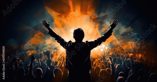 man in audience at the concert with arms raised in front of light