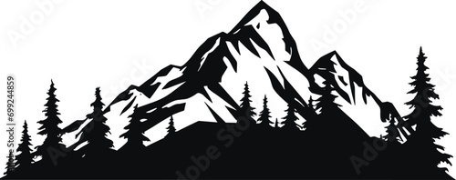 Mountain silhouette - vector icon. Rocky peaks. Mountains ranges. Black and white mountain icon isolated. AI generated illustration.