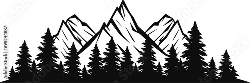 Mountains silhouettes. Mountains vector, Mountains vector of outdoor design elements, Mountain scenery, trees, pine vector. AI generated illustration.
