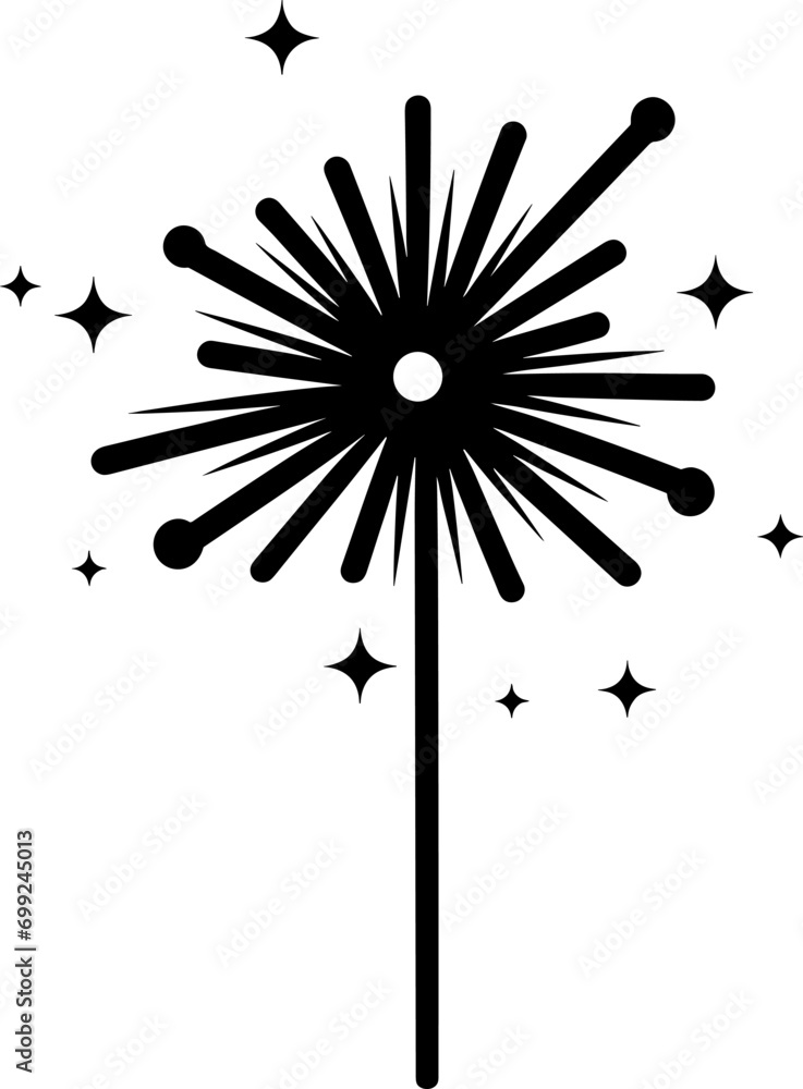 Burning sparkler. Silhouette. From a lit fire, sparks scatter in the form of stars. Pyrotechnics. Vector illustration. Isolated background. AI generated illustration. Burning sparkler. Silhouette. From a lit fire, sparks scatter in the form of stars. Pyrotechnics. Vector illustration. Isolated background. AI generated illustration.