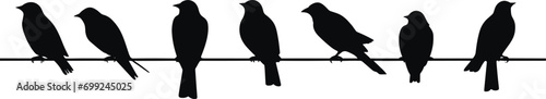 Silhouette of birds on the wires for decoration. AI generated illustration.