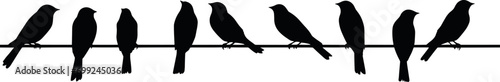 A silhouette of birds Purple Martins on a telephone wire. AI generated illustration. photo