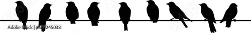 Silhouette of birds on the wires for decoration. AI generated illustration.