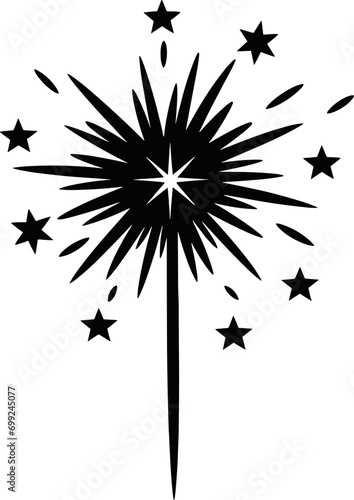 Burning sparkler. Silhouette. From a lit fire, sparks scatter in the form of stars. Pyrotechnics. Vector illustration. Isolated background. AI generated illustration.