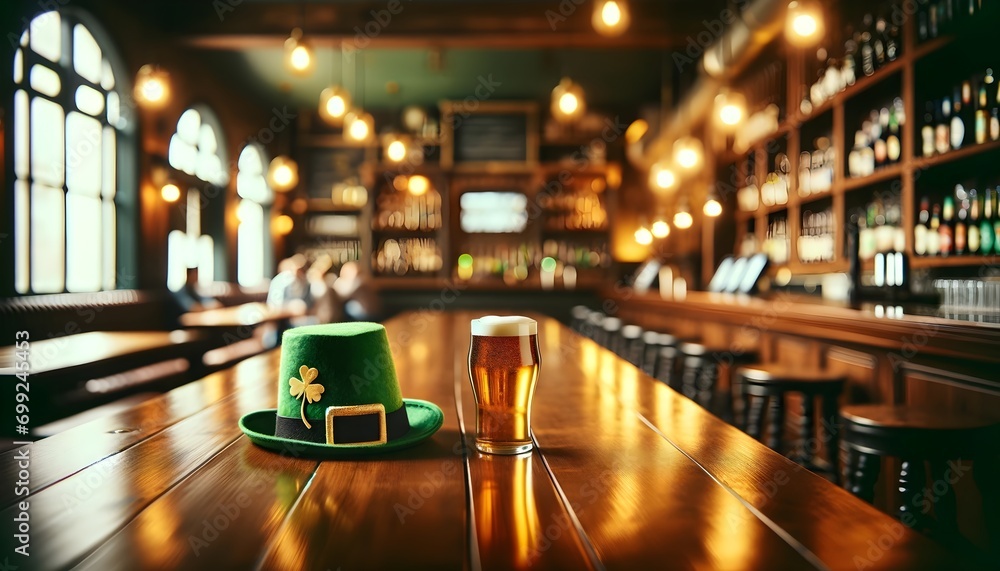 St. Patrick's day, pint of beer, clover leaf and green hat on wooden bar in the pub, festive background, template