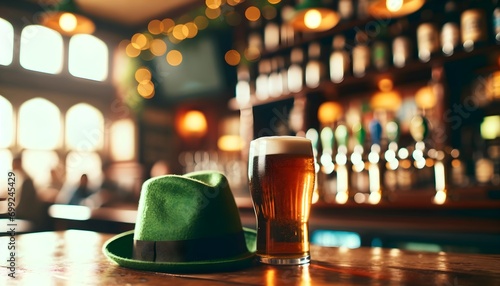 St. Patrick's day, pint of beer, clover leaf and green hat on wooden bar in the pub, festive background, template photo