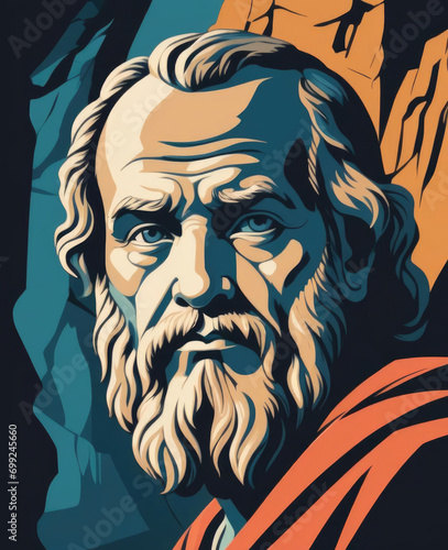Stylized Portrait of Plato in Flat Pop Art Style with Allegorical Cave Shadows Gen AI