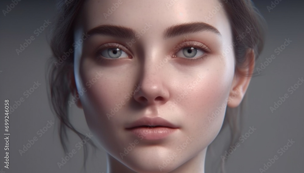 Obraz premium Beautiful woman with brown hair looking at camera generated by AI