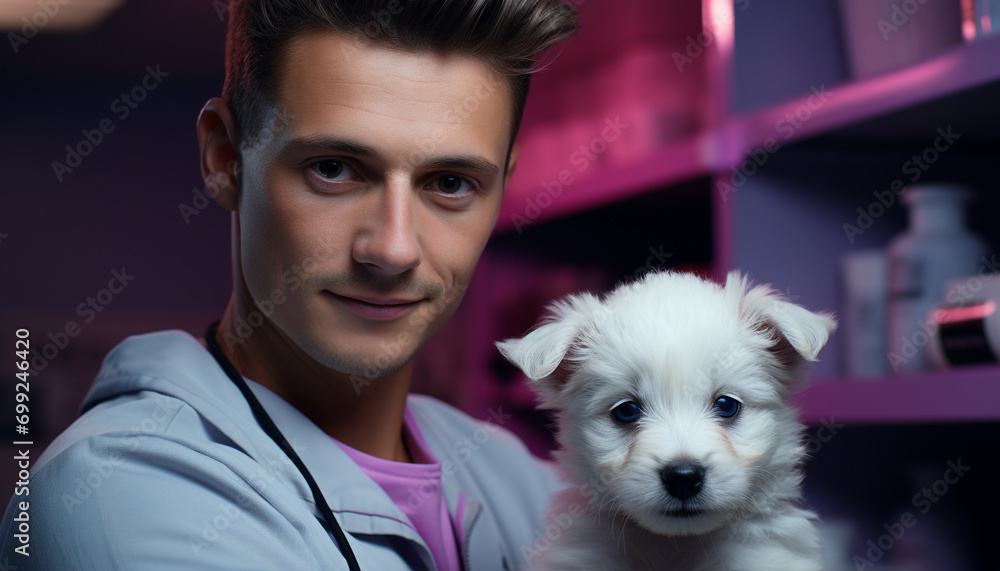 A cute puppy sitting, smiling, and looking at the camera generated by AI A cute puppy sitting, smiling, and looking at the camera generated by AI