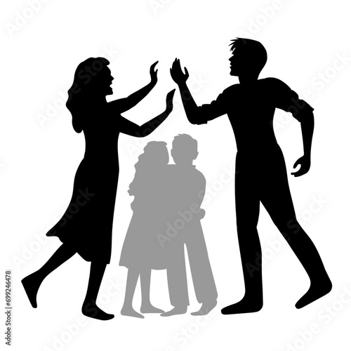 Frightened brother and sister hug and angry parents quarrel. Aggressive father, screaming mother are fighting Hand drawn vector illustration, domestic violence, abuse, protection, help social services