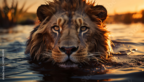 Majestic lion staring  reflecting beauty in nature tranquil wilderness generated by AI