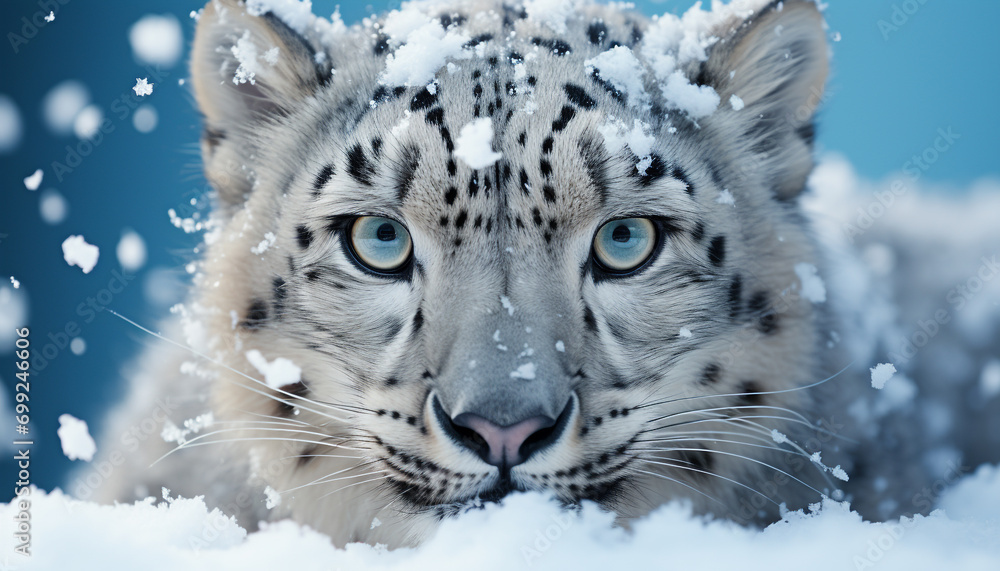 Obraz premium Snow leopard, majestic hunter, staring, cold winter, beauty in nature generated by AI