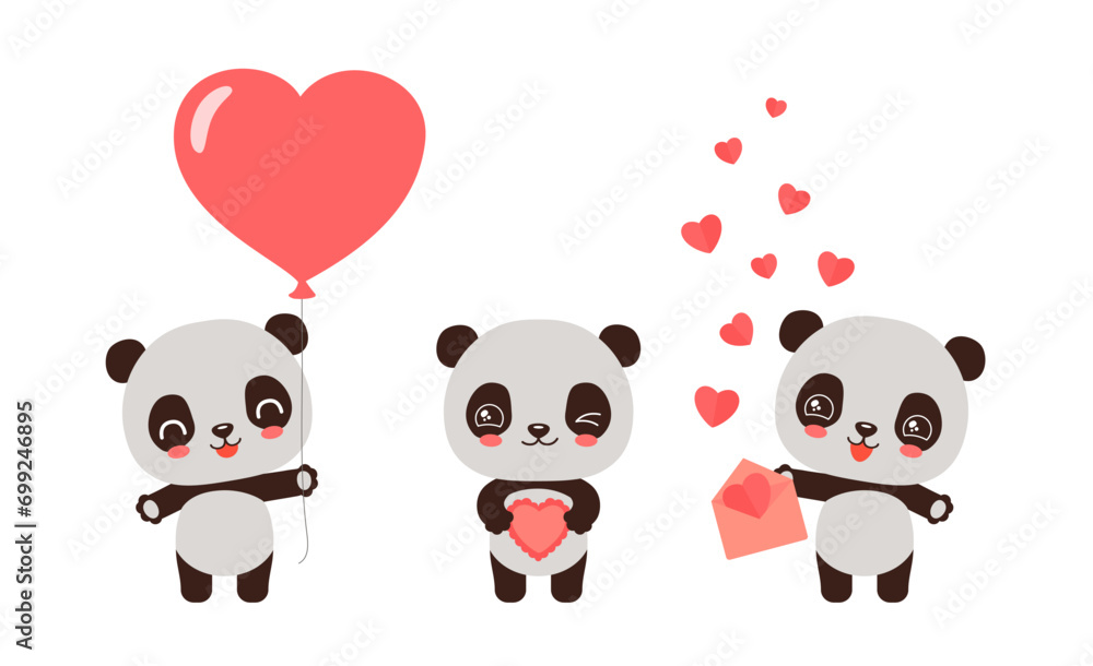 Cute valentine animal illustration. Kawaii panda holding heart shape balloon, cake, envelope with paper hearts. Cartoon character emoji vector. Love mascot for valentine day greeting. Flat design.