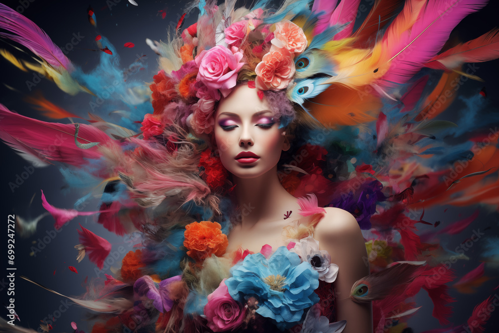 floral woman digital portrait, Ethereal female Art, An eye catching surreal young woman surround by vibrant colorful flowers and abstract designs, Creative fantasy girls and flowers wallpaper concept